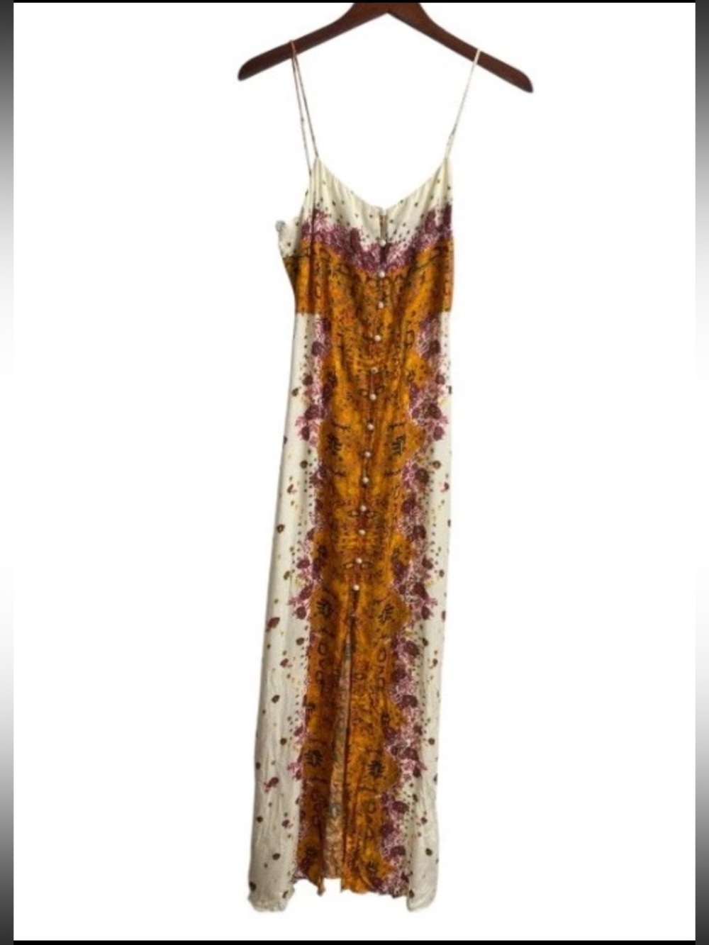 Free People Morning Song Cream Maxi Dress Sz M Orange & Pink Floral Center Panel - Picture 5 of 13